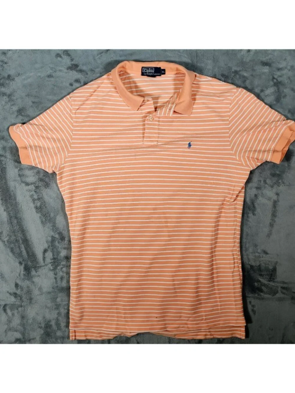 Polo by Ralph Lauren Orange Peach Striped Polo Blue Pony Logo (XL)